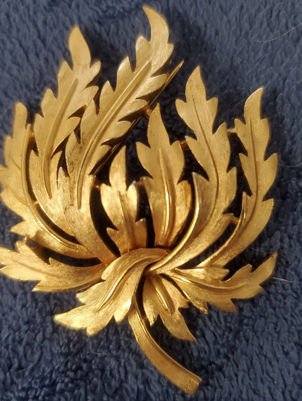 Vintage Crown Trifari Texured Gold Leaf Brooch 1960s Signed